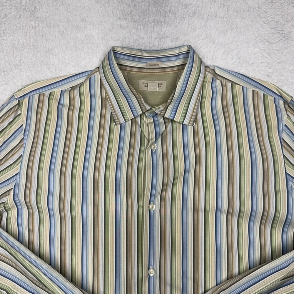 Banana Republic Shirt Blue Green Button Down Classic Fit‎ Striped Men's XL
